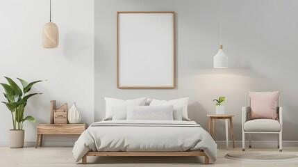 A modern bedroom interior with a blank poster frame on the wall, stylish furniture, and decorative lighting, on a light background. 3D Rendering