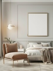 A modern bedroom interior with a blank poster frame on the wall, stylish furniture, and decorative lighting, on a light background. 3D Rendering