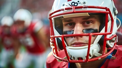 A close-up of an American football player wearing a helmet, focused and ready for the game, against a blurred team background.