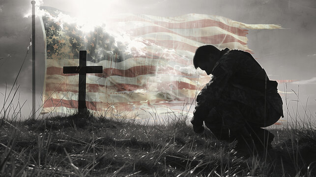 A black and white photo features soldiers standing on a field of grass against the background of the United States flag in the sky.