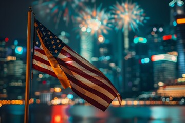 A close-up of the American flag with a vivid and colorful fireworks display in the background and city.