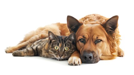 the dog and cat lie together. isolated on white background