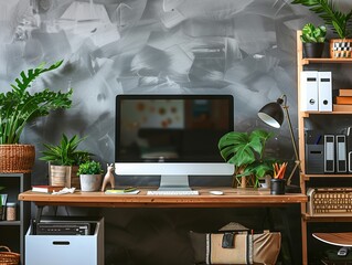 Modern Office Workspace Featuring Contemporary Desk Setup with Blank Screen Monitor & Equipment