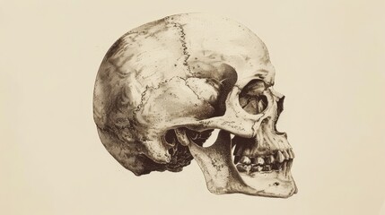 A detailed sketch of a human skull in profile, rendered in shades of gray against a cream background.
