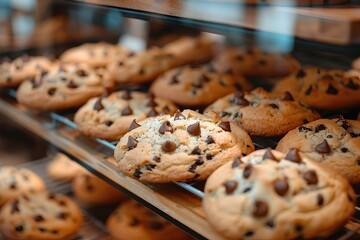 A display case filled with lots of chocolate chip cookies