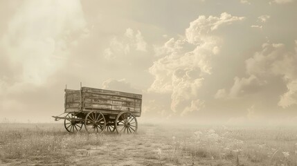 Fototapeta premium A lone, weathered wagon stands in a dusty field, with a dramatic sky filled with clouds above.