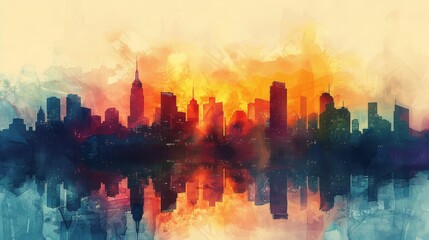 A vibrant watercolor cityscape with a colorful sunset and reflections in the water.  The city skyline is silhouetted against the warm hues of the sky.