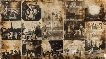 A vintage collage of faded photographs, showing various scenes from a bygone era.  The images are fragmented and worn, adding to the nostalgic feel.