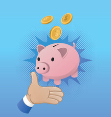 piggy bank with the hand of a man in a suit and some golden coins with a star speech bubble behind representing the concept of savings, financial security, investment for the future