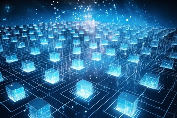 Cloud Computing Concept Visualization: Servers and Data Units Interconnected in a Digital Landscape