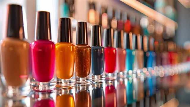 A row of colorful nail polish bottles are displayed on a shelf, with their reflections visible below.