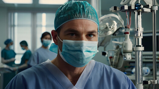 A confident surgeon in full scrubs, including a surgical mask and cap, standing in a brightly lit operating room, ready for surgery with medical equipment in the background