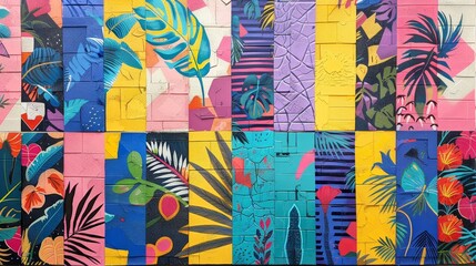 Vibrant abstract mural with tropical leaves and geometric patterns in a patchwork style.