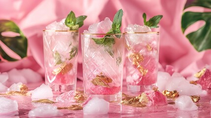 Three glasses with pink sparkling cocktails and ice on a decorated backdrop with a tropical feel and floral elements. Summer refreshment concept. Party concept.	