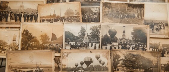 Vintage sepia toned photo collage of various events and scenes.