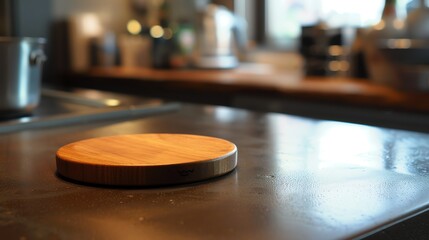 Obraz premium A wooden cutting board sits on a black counter in a modern kitchen. The cutting board is round and has a smooth, natural finish.