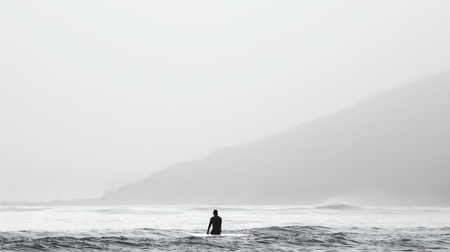 Foggy Ocean  A surfer sits on his board in the middle of a foggy ocean. The waves are small and the water is calm.