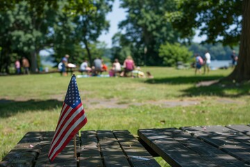 A close-up shot of a small American flag placed on a wooden picnic table. In the background, people are enjoying a sunny day at a community picnic in a park, with lush green trees and blue skies.