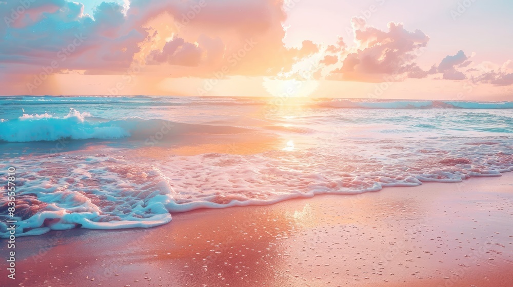 Wall mural Colorful and Bright Seascape at Sunrise or Sunset with Sunlight Reflected in Ocean and on Beach