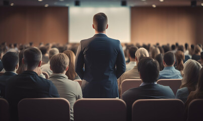 Public speaker talking in front of audience, Successful businessman holds business conference for the press, Speaker at Business Conference and Presentation