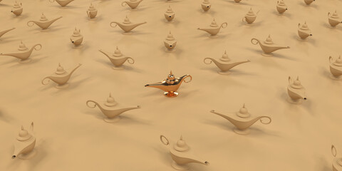 Golden oil lamp among many plain lamp, 3d render