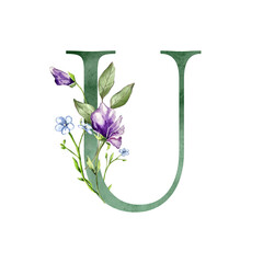 Floral Alphabet letter with botanical bouquet. Wedding watercolor hand painted invitations, daisy, sweet peas, herb, meadow flowers, greeting card, birthday, logo, poster 