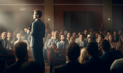 Public speaker talking in front of audience, Successful businessman holds business conference for the press, Speaker at Business Conference and Presentation