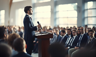 Public speaker talking in front of audience, Successful businessman holds business conference for the press, Speaker at Business Conference and Presentation
