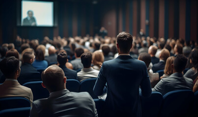 Public speaker talking in front of audience, Successful businessman holds business conference for the press, Speaker at Business Conference and Presentation