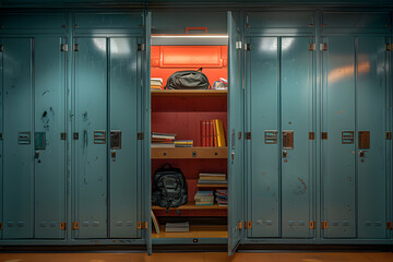 Inside of a brightly lit school locker with an open door. The locker has a few books, a backpack, and a shelf with some personal items