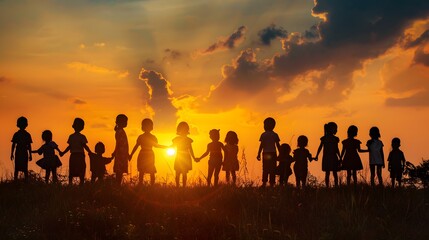 Silhouette back refugee kid group.Responsible.Kid child boy and girl worship.World kids day