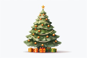 Obraz premium A festive Christmas tree decorated with colorful lights and presents underneath