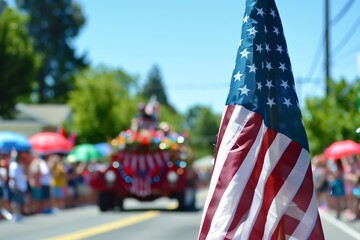 Naklejka premium Close-up of the American flag waving in the foreground with a vibrant summer parade taking place in the background during 4 July, independence day of USA
