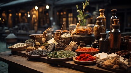 A traditional Chinese medicine market, with herbs, roots, and other medicinal ingredients displayed in wooden stalls. 