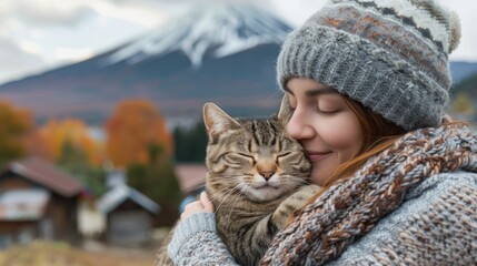 A happy traveler hug and kiss her cute cat while she travel at Fuji mountain area, Japan.  