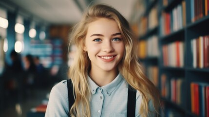 A woman stands in front of a bookshelf, her long blonde hair flowing around her