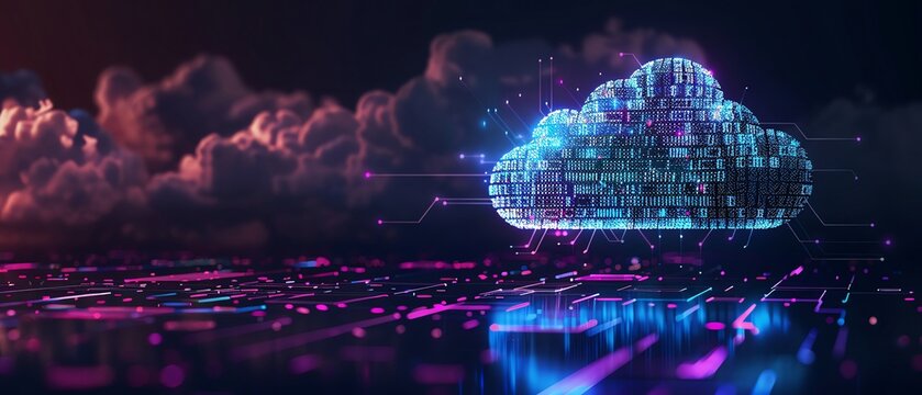 Cloud computing visual with blue golden digits and code, representing AIdriven data processing, secure data lakes, and cloud security