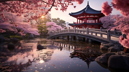 A traditional Japanese pagoda surrounded by cherry blossoms  