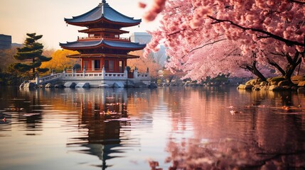 A traditional Japanese pagoda surrounded by cherry blossoms  