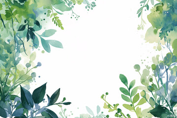 Watercolor illustration of green leaves and plants forming a border on a white background