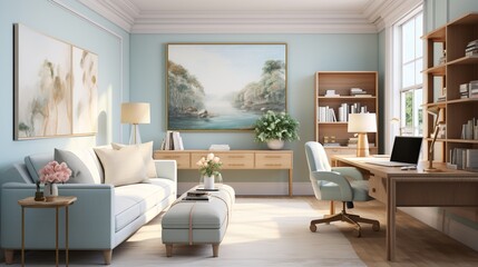 A tranquil office with soft lighting, comfortable seating, and a calming color palette 
