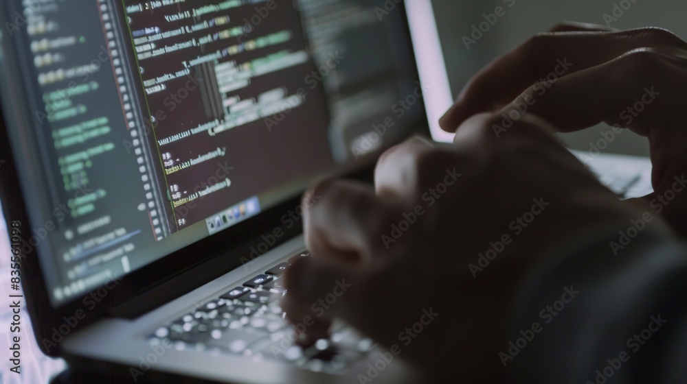 Poster hands fine-tuning a deep learning model on a laptop, close-up, intense focus on the code, dark mode 