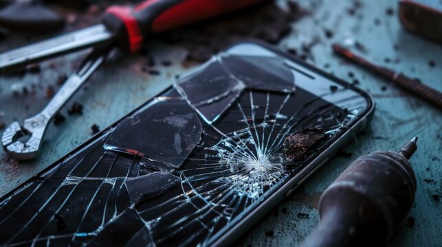 Smartphone with a broken screen being repaired, close-up, tools in focus, tech repair process.