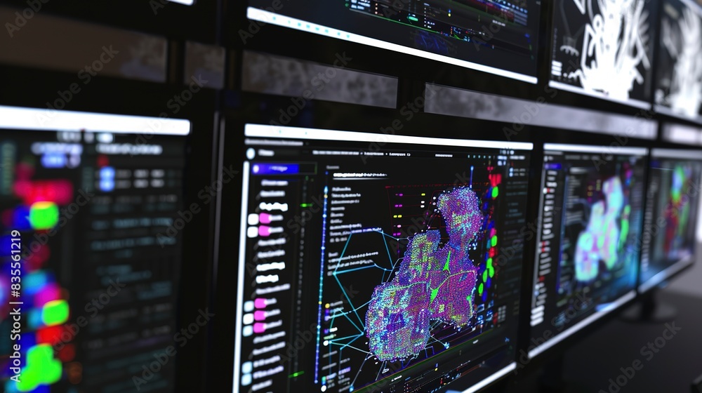 Poster ai developer's workspace with multiple screens showing machine learning tests, close-up, organized c