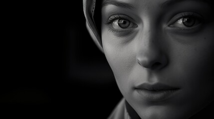 A black and white photo of a woman in traditional Islamic clothing, wearing a hijab