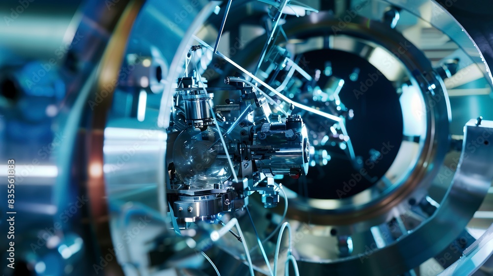 Poster scientist observing the cryogenic cooling system of a quantum computer, close-up, high-tech lab envi