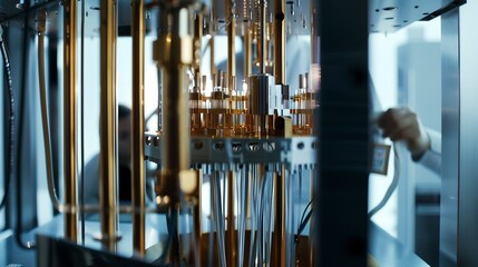 Obraz premium Scientist observing the cryogenic cooling system of a quantum computer, close-up, high-tech lab environment.
