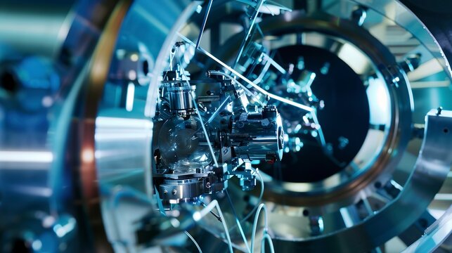 Scientist observing the cryogenic cooling system of a quantum computer, close-up, high-tech lab environment.