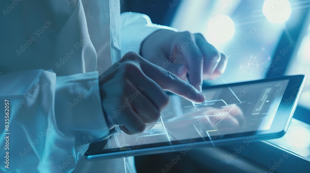 Poster engineer programming quantum computing tasks on a tablet, close-up, serious concentration, modern in