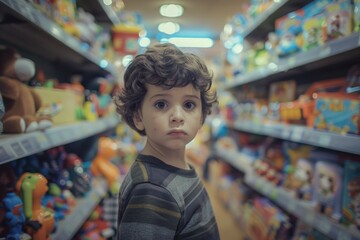Fototapeta premium A young boy looks directly at the camera in a colorful toy store setting, surrounded by toys and games